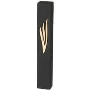 Modern Concrete-Like Mezuzah Case in Black with a Golden Flame-Shaped Detail - Fits Any Scroll up to 12 cm