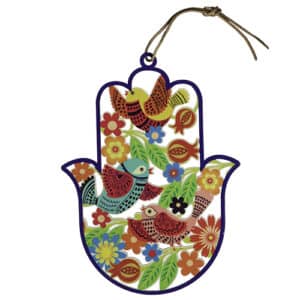 Colorful Wooden Hamsa with Bird and Flower Cutouts