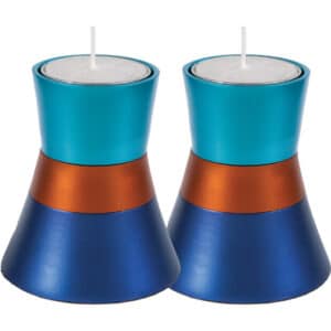 Low candlesticks in turquoise, orange, and blue colors