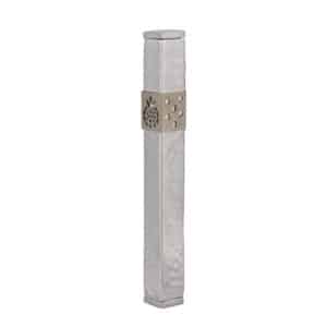 Silver Embossed Mezuzah Case with Stainless Steel Pomegranate Cutout - Fits Any Klaf up to 12 cm