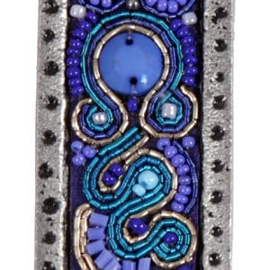 Metal Mezuzah Case Combined with Embroidery and Carving in Ethnic Look, Blue Shades - Suitable for Any Scroll up to 15 cm