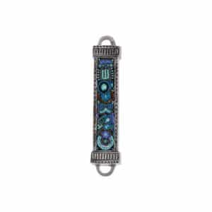 Metal Mezuzah Case with Embroidery and Carving in an Ethnic Look, Turquoise Shades - Suitable for Any Scroll up to 15 cm