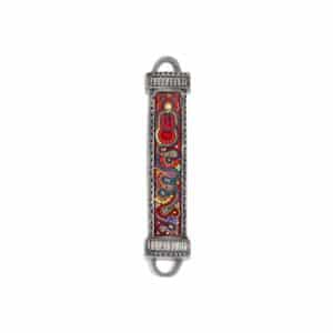 Metal Mezuza Case with Embroidery and Carving in Ethnic Look, Bordeaux Shades - Fits Any Klaf up to 15 cm
