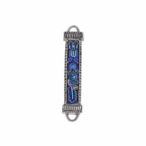 Metal Mezuzah Case Combined with Embroidery and Carving in Ethnic Look, Blue Shades - Suitable for Any Scroll up to 15 cm