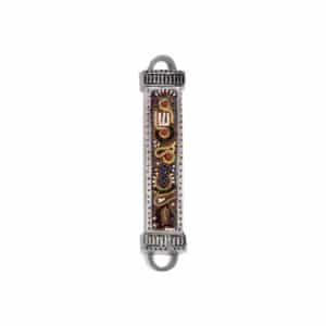 Metal Mezuzah Case with Embroidery and Carving in Ethnic Style, Brown Shades - Fits Any Scroll up to 15 cm