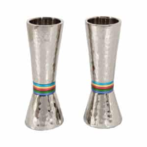 Silver Candlesticks with Hammered Texture and Colorful Ring Decorations