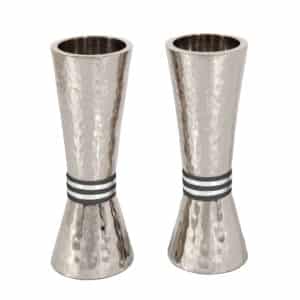 Silver Candleholders with Hammered Texture and Black Ring Decorations