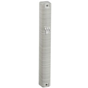 Modern Silver Plastic Mezuzah Case with Stripe Texture and Shin Shin Letter - Fits Any Klaf up to 15 cm