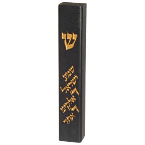 Concrete-look mezuzah case in black with gold Shin and 'Shema Israel' inscription - fits any scroll up to 15 cm