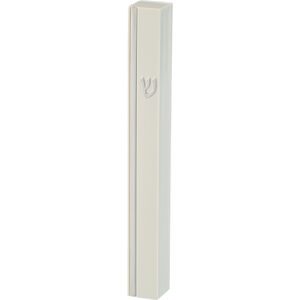 Modern White Plastic Mezuzah Case with Decorative Silver Strip - Fits Any Scroll up to 15 cm