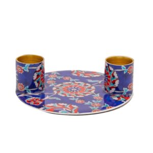 Round Candlestick for Two Candles, Hand-Painted on Silk - Floral Armani Blue Background