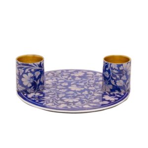 Round Candlestick for a Pair of Candles, Hand-Painted on Silk - Armani Blue