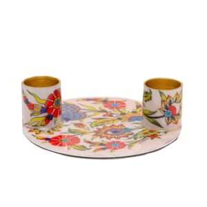 Round Candle Holder for a Pair of Candles, Hand-Painted Silk Artwork - Armani Floral