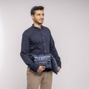 Tefillin Bag with Full Embroidery in Dark Blue Checkered Pattern