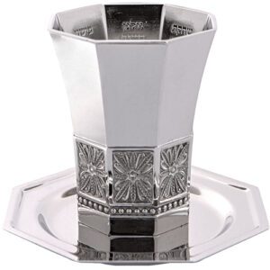Silver Kiddush Cup with River Names and Flower Relief