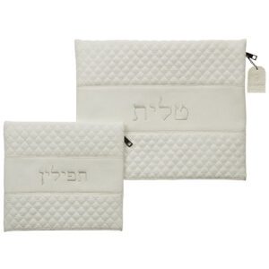 Case for Tallit and Tefillin White Faux Leather with Diamond Embroidery