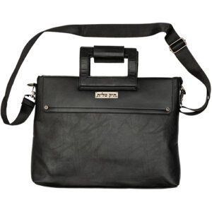 Elegant Black Smooth Faux Leather Tallit Bag with Handle and Golden Plate