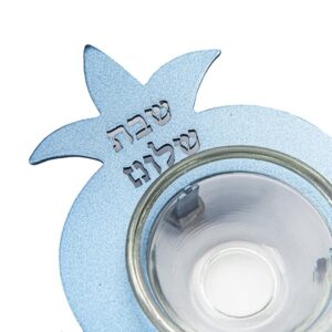 Glass Salt Shaker for Shabbat with Blue Pomegranate Frame and "Shabbat Shalom" Inscription Cutout