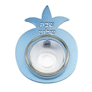 Glass Salt Shaker for Shabbat with Blue Pomegranate Frame and "Shabbat Shalom" Inscription Cutout