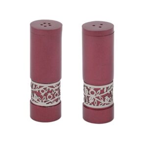 Salt Shaker for Shabbat - Pomegranate Design in Silver Color on Burgundy Background