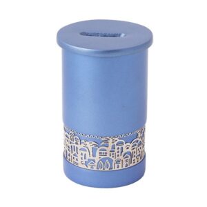 Aluminum Charity Box in Blue with Jerusalem Cutout Stainless Steel - 10.5 cm