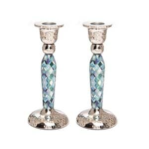 Tall Blue Diamond Shaped Shabbat Candlesticks