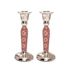 Tall Sabbath Candlesticks with Floral Texture in Burgundy Shades