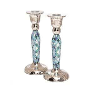 Tall Blue Diamond Shaped Shabbat Candlesticks