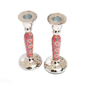 Tall Sabbath Candlesticks with Floral Texture in Burgundy Shades