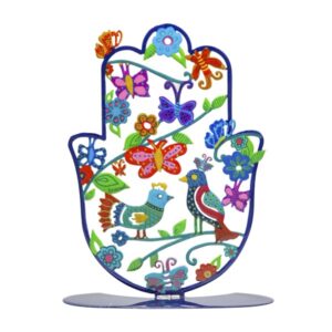 Large Colorful Hamsa with Metal Stand - Birds and Butterflies