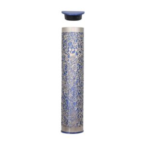 Blue Metal Mezuzah Case with Pomegranate Cutout - Fits Scroll up to 12 cm