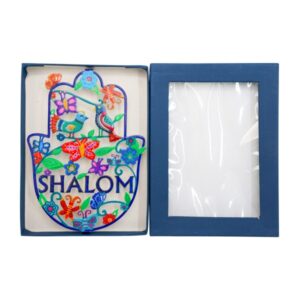 Large colorful Hamsa with birds, butterflies and the word "Shalom" in English