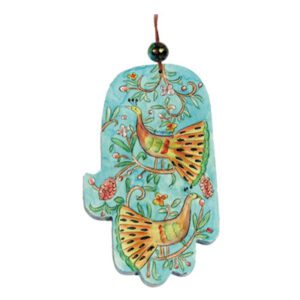 Large wooden Hamsa with hand painting of peacocks