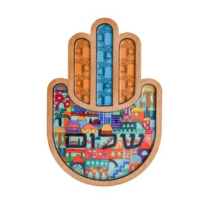 Large 2-Layer Wooden Hamsa with Jerusalem Painting and "Shalom" Inscription