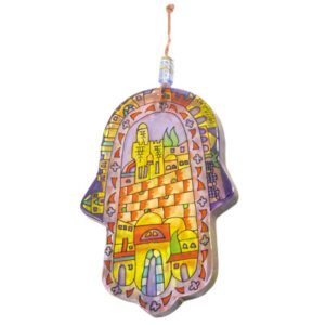 Large Glass Hamsa with a Painting of Jerusalem