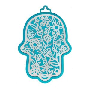 Large Aluminum Hamsa in Turquoise Color with Floral Cutout