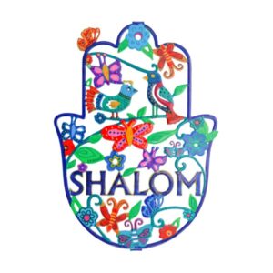Large colorful Hamsa with birds, butterflies and the word "Shalom" in English