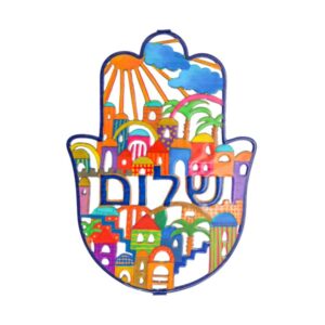 Large Colorful Hamsa with Jerusalem Pattern and "Shalom" Inscription