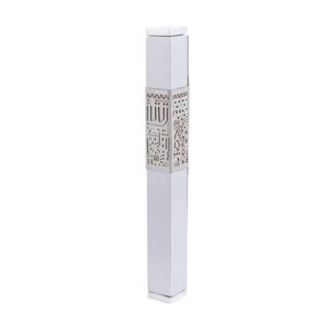 White Mezuzah Case with Jerusalem Silhouette - Fits Any Parchment up to 12 cm