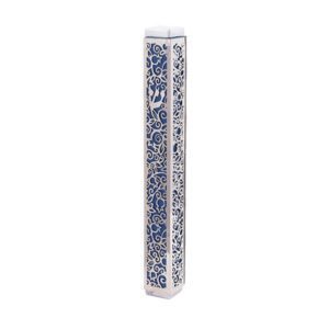 Blue Mezuzah Case Decorated with a Pomegranate Cutout Frame - Fits Any Scroll up to 12 cm