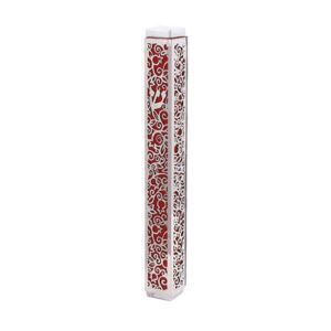 Red Mezuzah Case Decorated with a Pomegranate Cutout Frame - Fits Any Scroll up to 12 cm