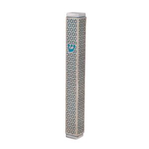 Metal Mezuzah Case with Turquoise Star of David Cutout - Fits Any Scroll up to 12 cm