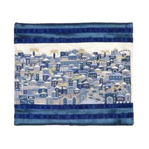Tallit Bag with Full Embroidery in Blue Shades - Jerusalem Model
