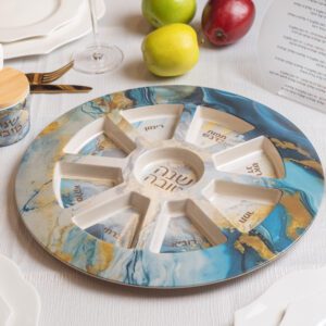 Rosh Hashanah Blessing Plate - Blue and Gold Marble Design