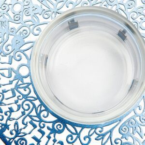 Honey Dish for Rosh Hashanah Made of Glass with Blue Metal Pomegranate Cutout