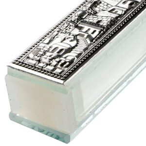 Glass Mezuzah Case with 'Jerusalem' Metal Decorations - Suitable for Any Scroll up to 15 cm