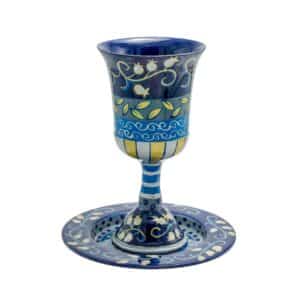 Metal Kiddush Cup with Hand-Painted Blue-Toned Pomegranates