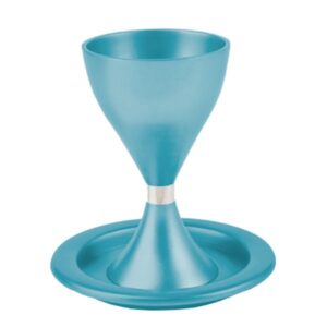 Modern Kiddush Cup made of Turquoise Aluminum with Matching Plate