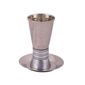 Stainless Steel Kiddush Cup with Five Metal Rings in Shiny Silver and Matte Silver Shades