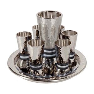 Kiddush Set Made of Nickel with Hand-Hammered Texture, and Metal Rings in Silver and Black Colors